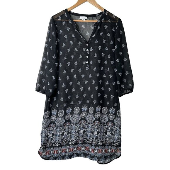 J Jill Sheer Mini Dress Sz Mp Geometric Black 3/4 Sleeve V Neck Cover Up Beachy - Picture 2 of 12